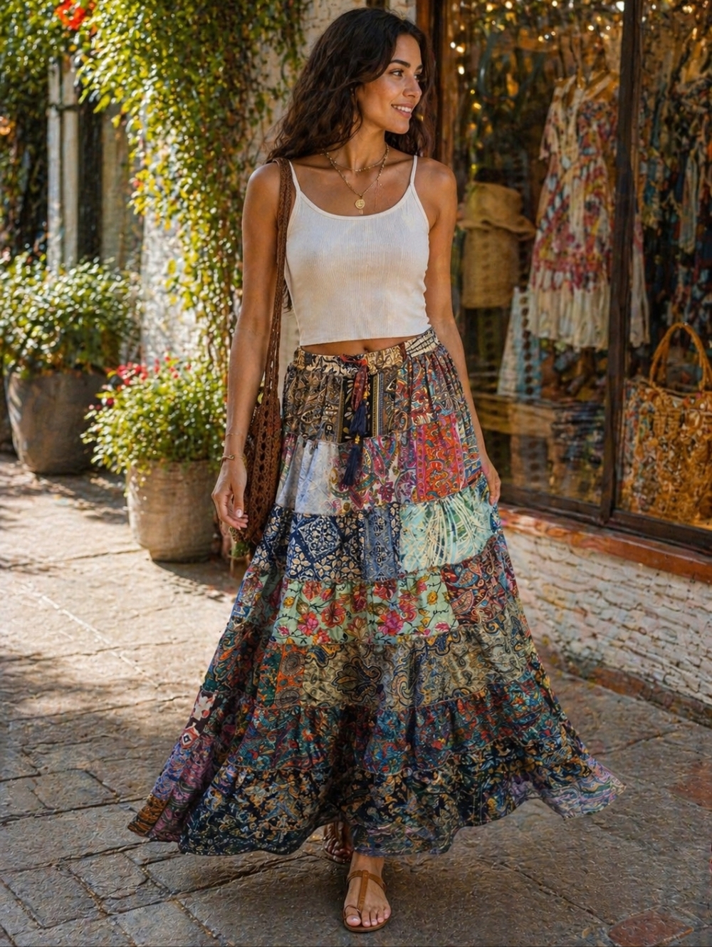 NWT - White Waves - Boho Patchwork Maxi Skirt - Multicolor, Size: Free Size